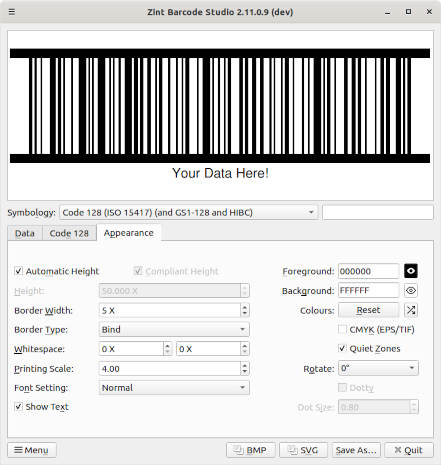 Zint Barcode Studio showing Appearance tab options
