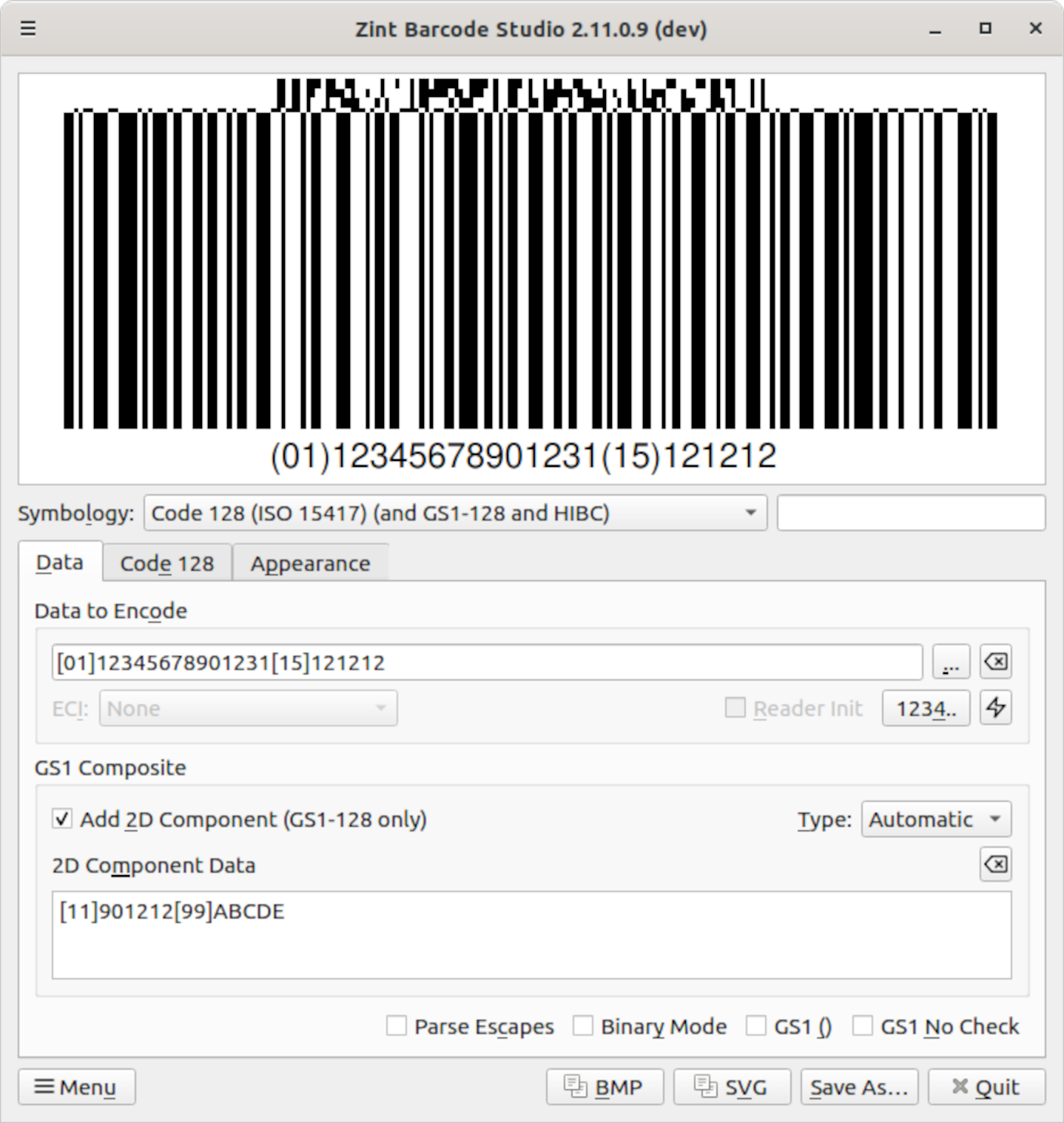Zint Barcode Studio encoding GS1 Composite data