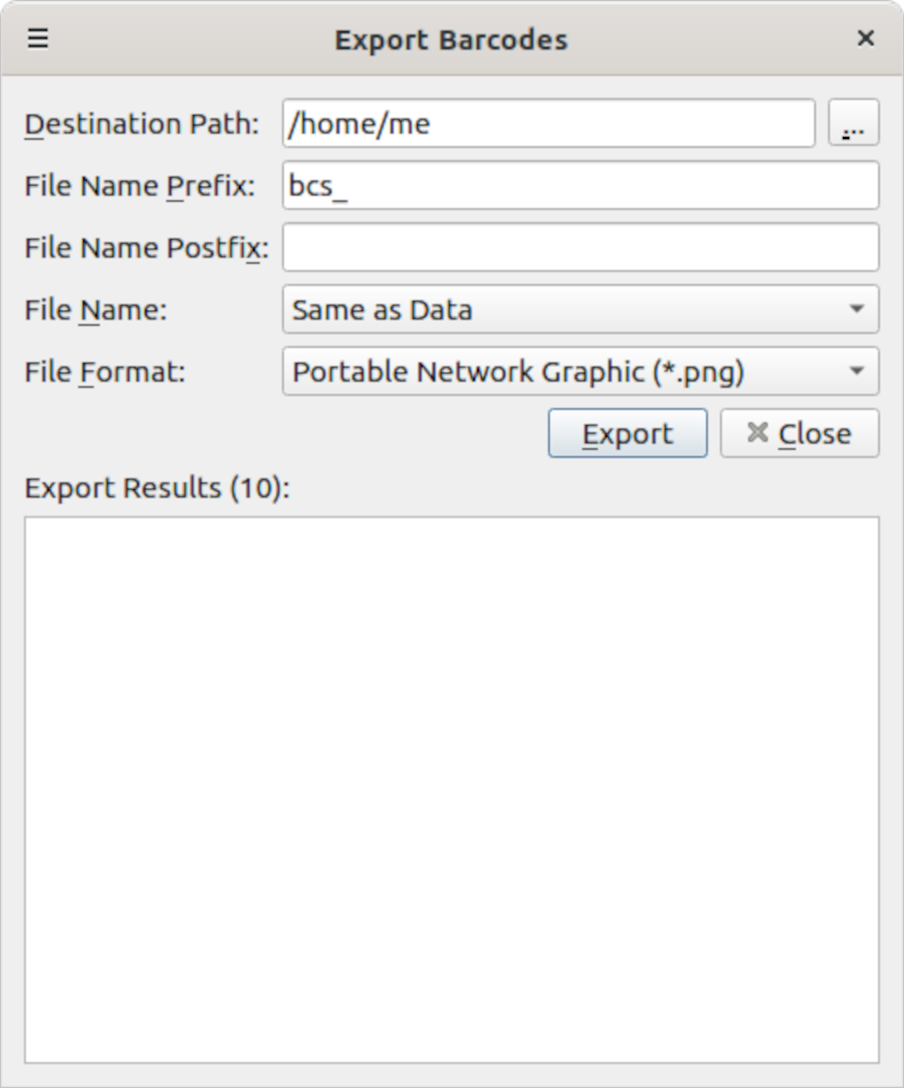 Setting filenames for an exported sequence of barcode symbols